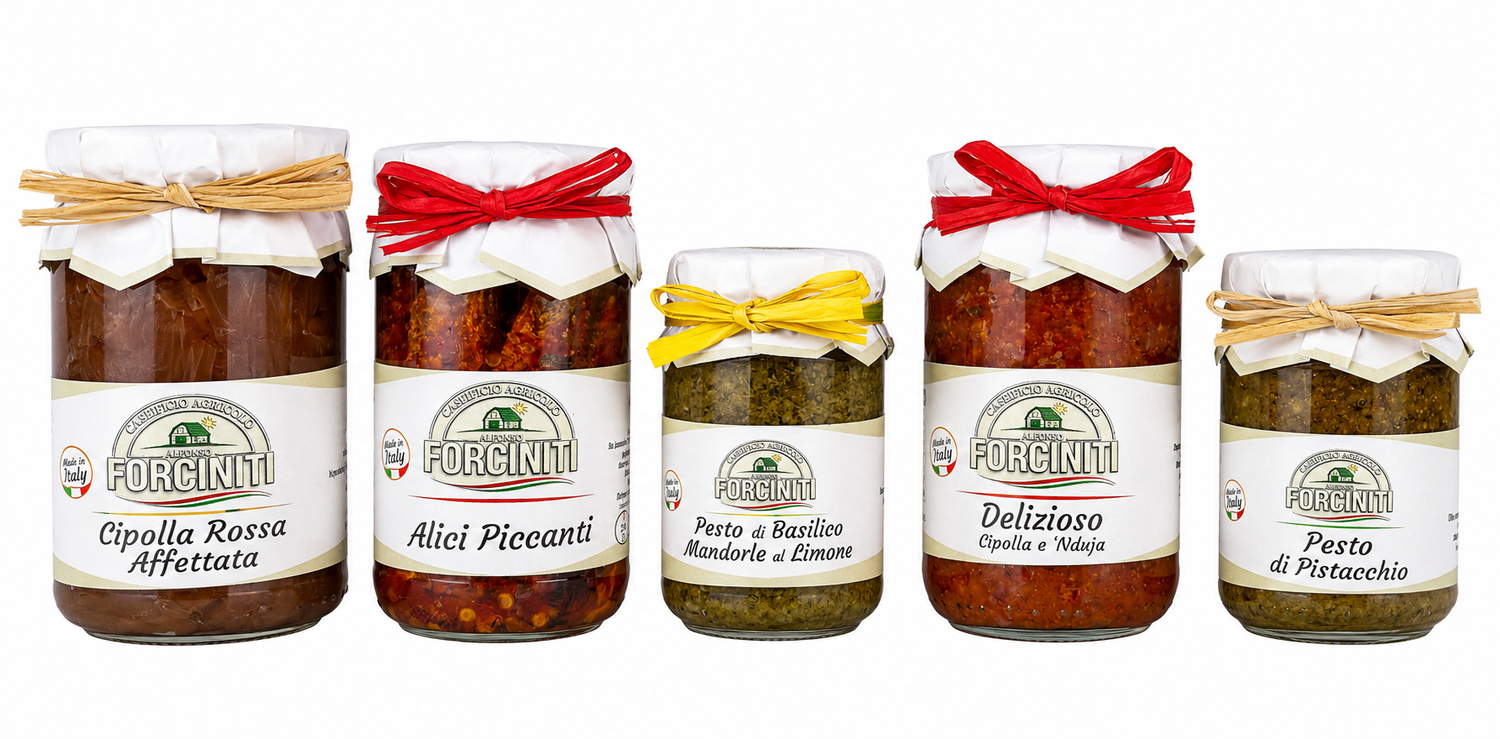 Conserve artigianali Forciniti - vasetti di cipolla rossa, alici piccanti, pesto di basilico, cipolla e nduja, pesto di pistacchio